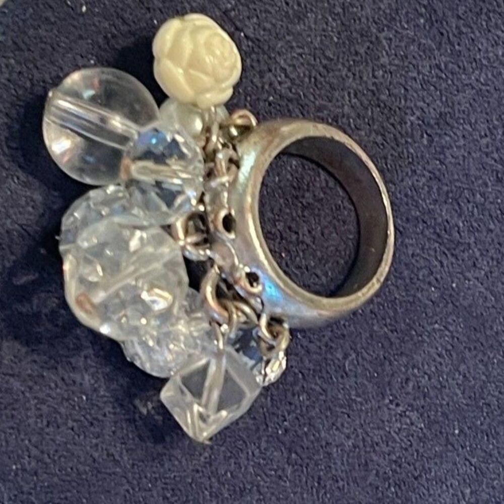 Vintage Crystal, Pearl Flower Camilia Wide Band Silver Tone Boho Bohemian Ring 6